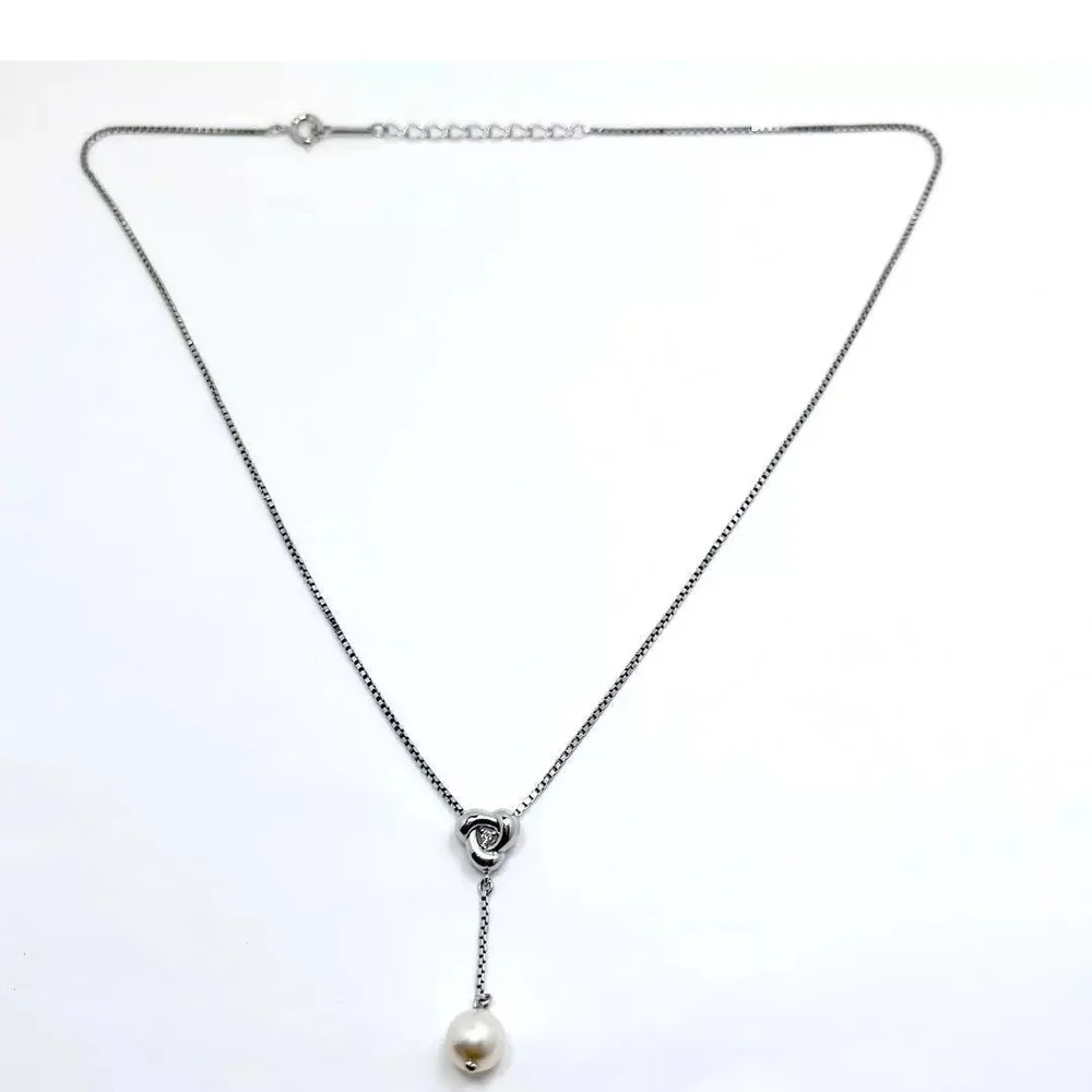 Tasaki Noevir Akoya Pearl & Diamond Lariat Pendant Necklace*Silver *15-16